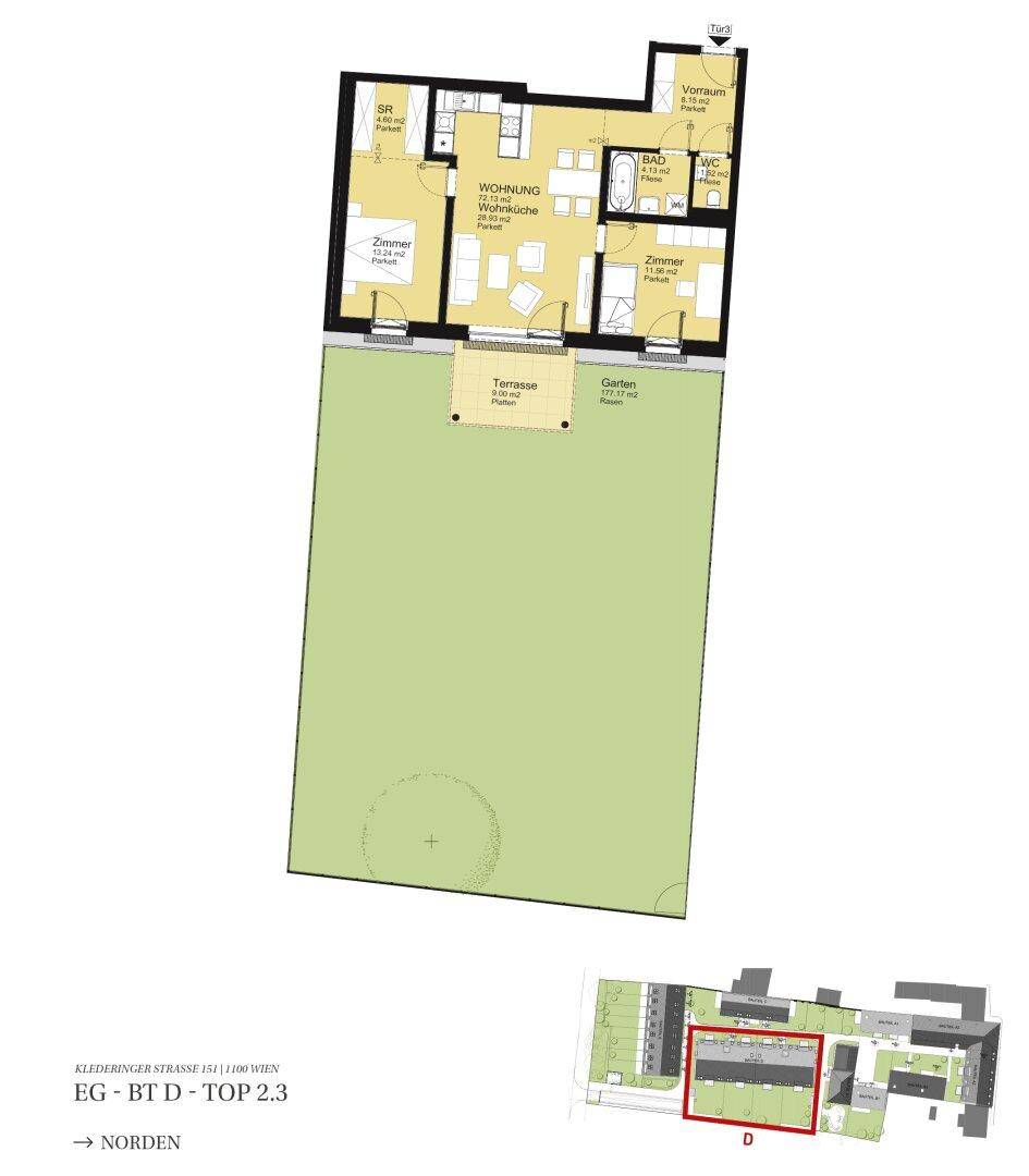 Grundriss einer Erdgeschosswohnung mit offener Wohnküche, Terrasse und privatem Garten.