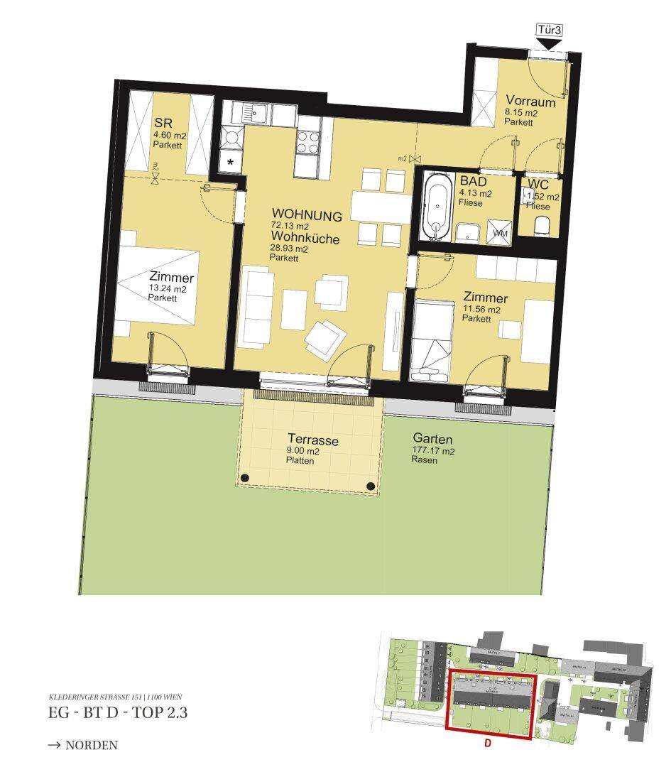 Detaillierter Grundriss einer Erdgeschosswohnung mit großzügiger Terrasse und privatem Garten.