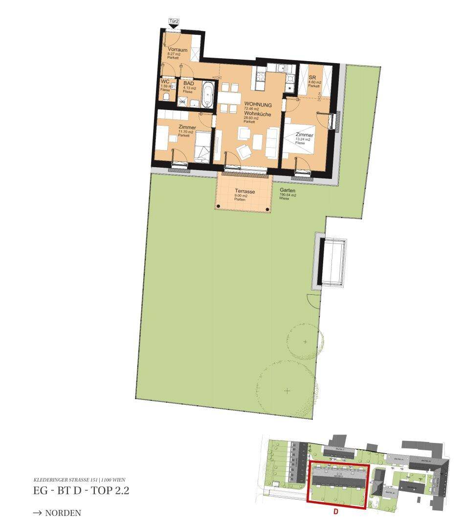 Grundriss einer Erdgeschosswohnung mit Terrasse, großem Garten und offenem Wohnbereich mit Küche.