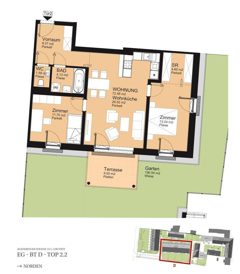 Detaillierter Grundriss einer Erdgeschosswohnung mit Wohnküche, zwei Zimmern, Bad und separatem WC.
