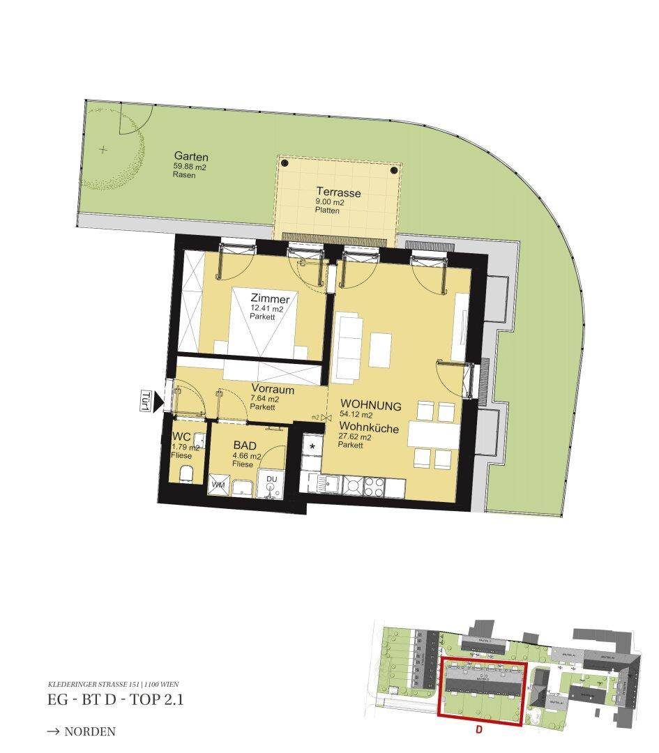 Grundriss einer Erdgeschosswohnung mit Garten, Terrasse, einem Zimmer und offener Wohnküche.