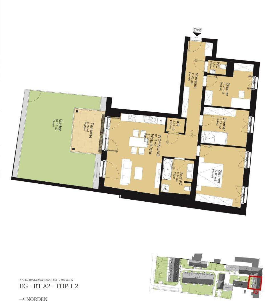 Detaillierter Grundriss einer Wohnung mit Terrasse, Garten und mehreren Zimmern.