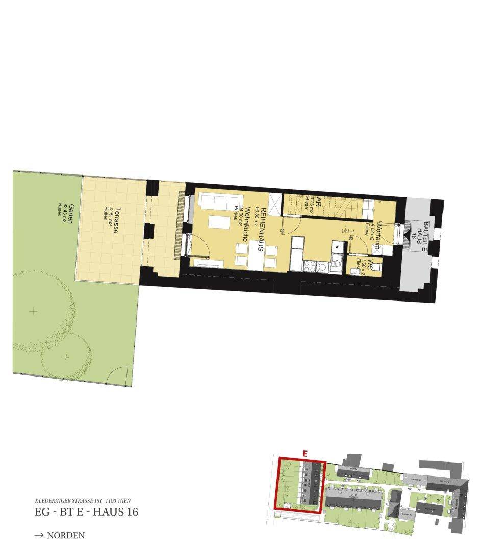 Grundriss des Erdgeschosses mit offenem Wohnbereich, Terrasse und großem Garten.