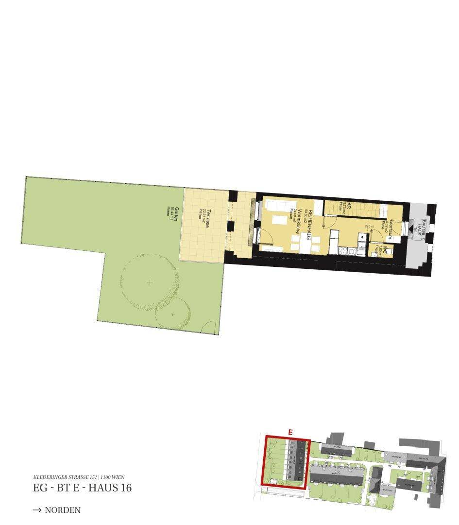 Grundriss des Erdgeschosses mit offenem Wohnbereich, Terrasse und großem Garten.