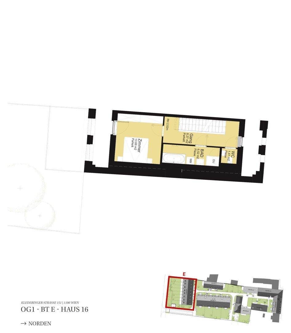 Grundriss des Obergeschosses mit Schlafzimmer, Badezimmer und separatem WC.