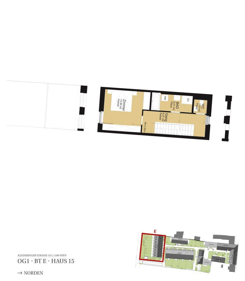 Grundriss des ersten Obergeschosses mit Schlafzimmer, Badezimmer und separatem WC.