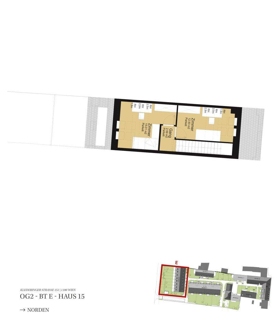 Grundriss des zweiten Obergeschosses mit zwei Zimmern und einem zentralen Flurbereich.
