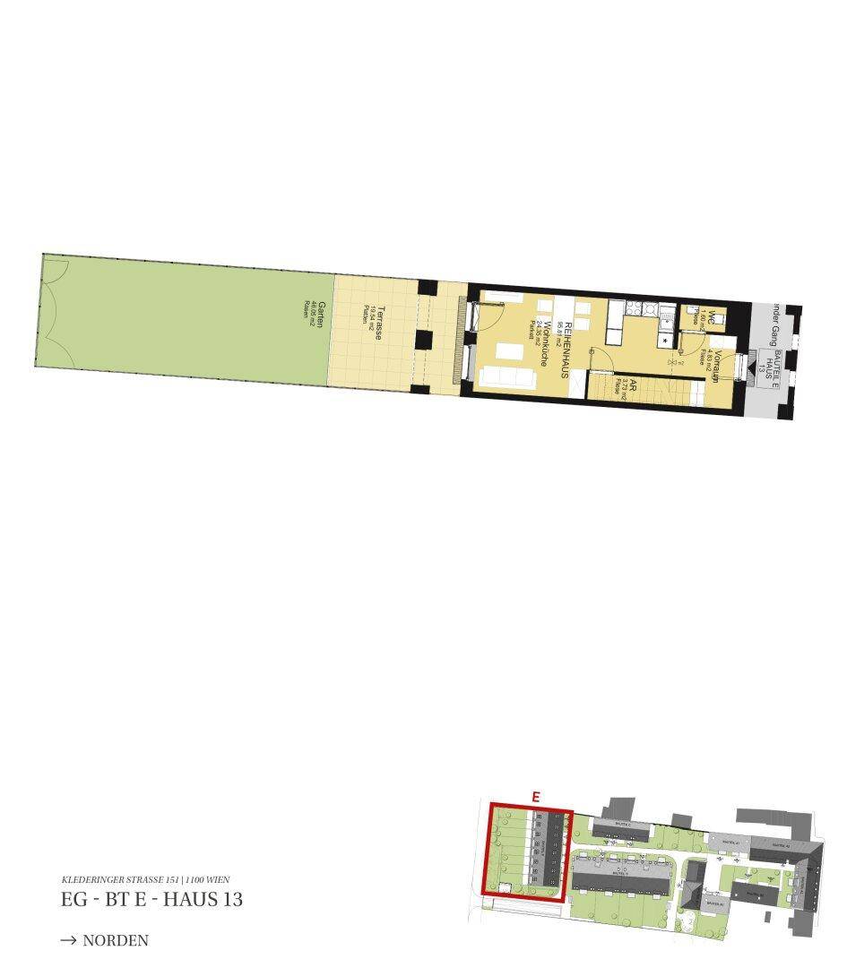 Grundriss des Erdgeschosses mit offener Wohnküche, direktem Zugang zur Terrasse und einem Garten.