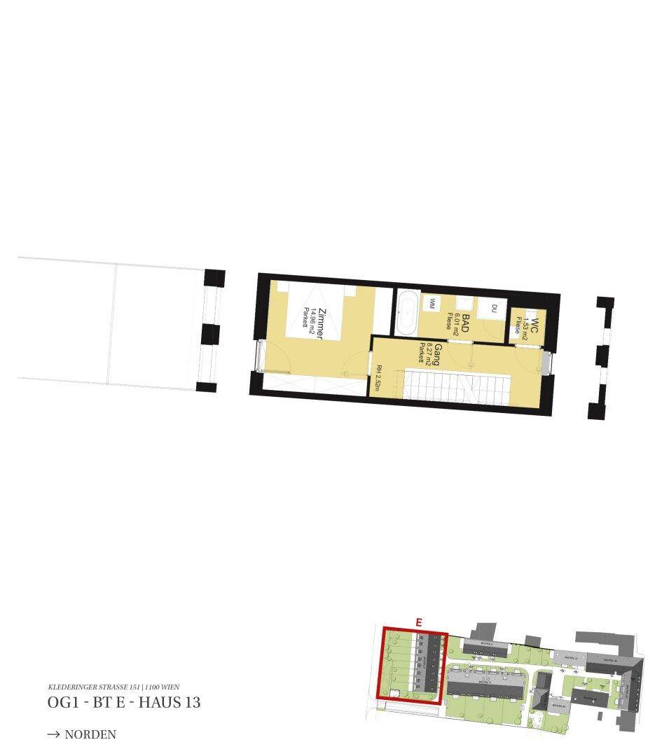 Grundriss des ersten Obergeschosses mit einem Zimmer, einem Badezimmer und einem separaten WC.