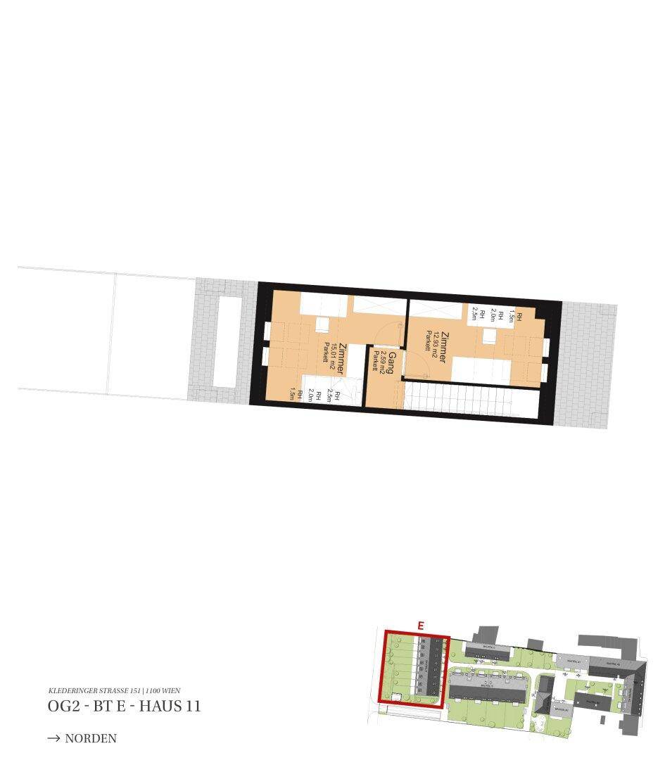 Grundriss des zweiten Obergeschosses mit zwei Schlafzimmern und einem zentralen Flur.