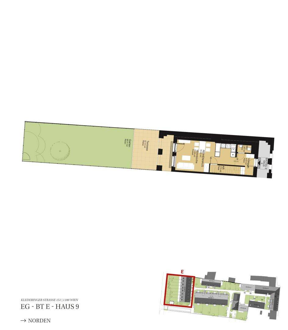 Grundriss des Erdgeschosses mit offenem Wohnbereich, Küche, Bad und Zugang zum Garten.