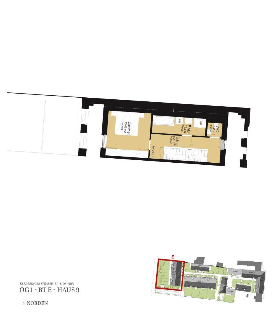 Grundriss des ersten Obergeschosses mit Schlafzimmer, Bad und separatem WC.