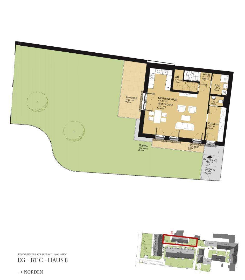 Grundriss des Erdgeschosses mit Garten, Terrasse, offener Küche und separatem WC.