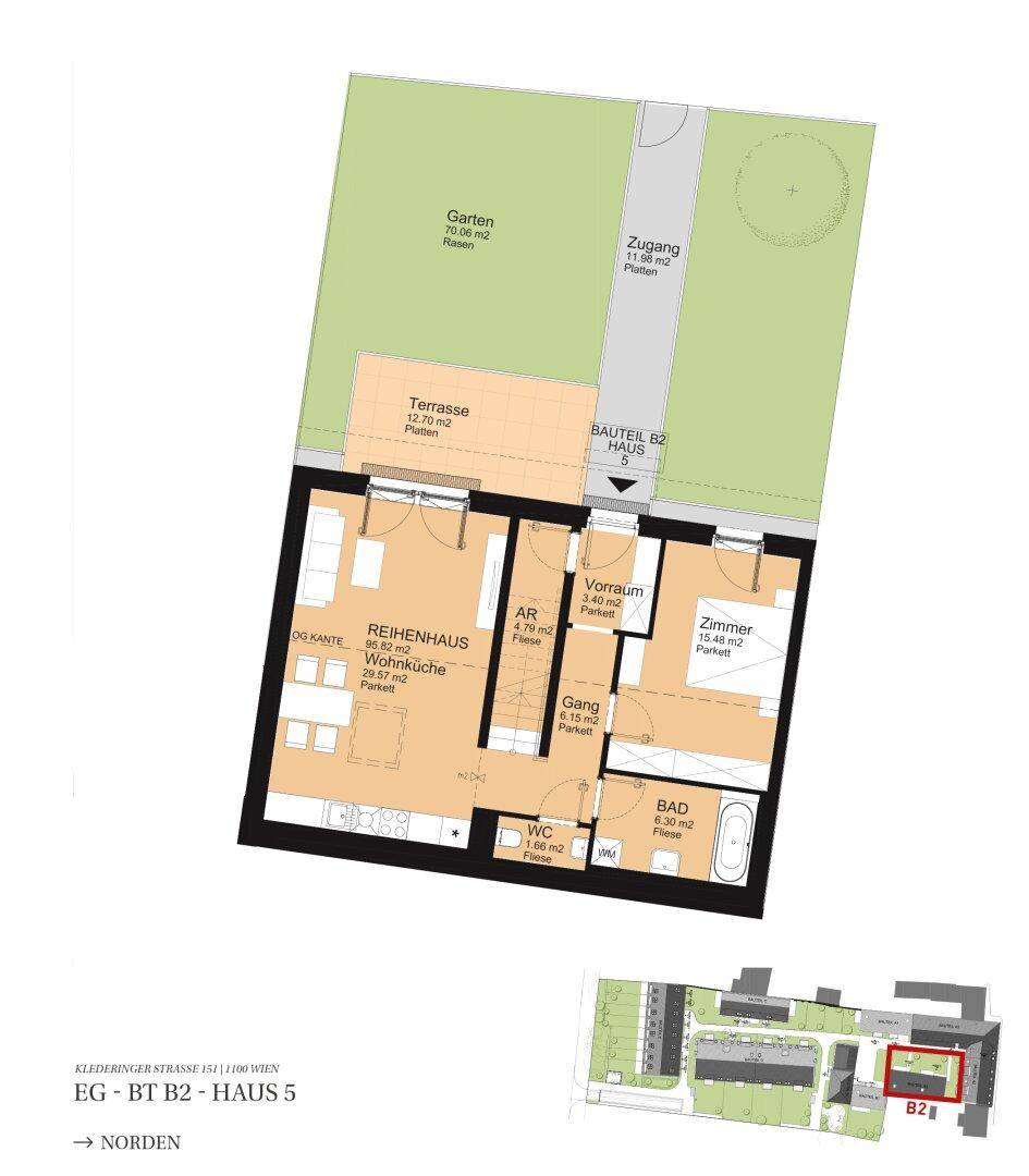 Grundriss des Erdgeschosses mit Wohnküche, Terrasse und Gartenbereich.