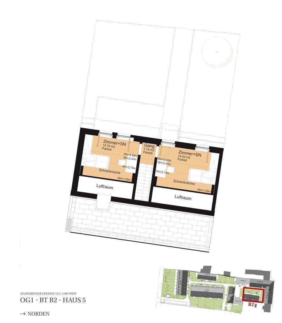 Grundriss des Obergeschosses mit zwei Zimmern und integrierten Schranknischen.