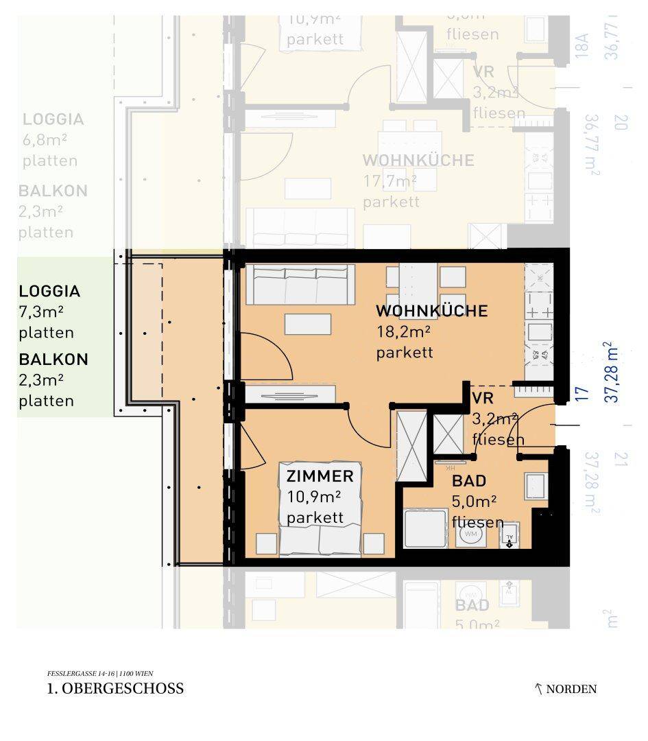 Grundriss einer Wohnung im Obergeschoss mit offener Wohnküche, Zimmer, Bad, Loggia und Balkon.