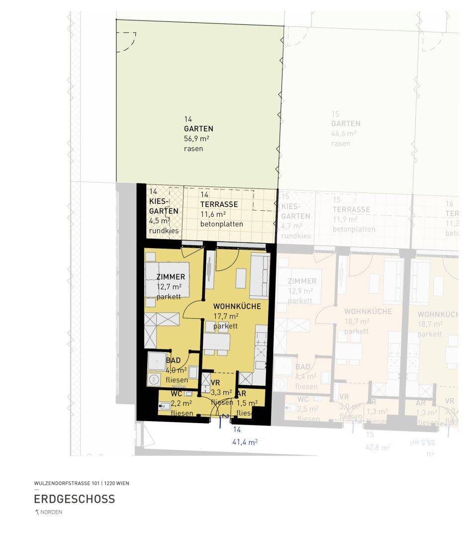 Grundriss des Erdgeschosses mit Wohnküche, Zimmer, Bad und Zugang zu Terrasse und Garten.