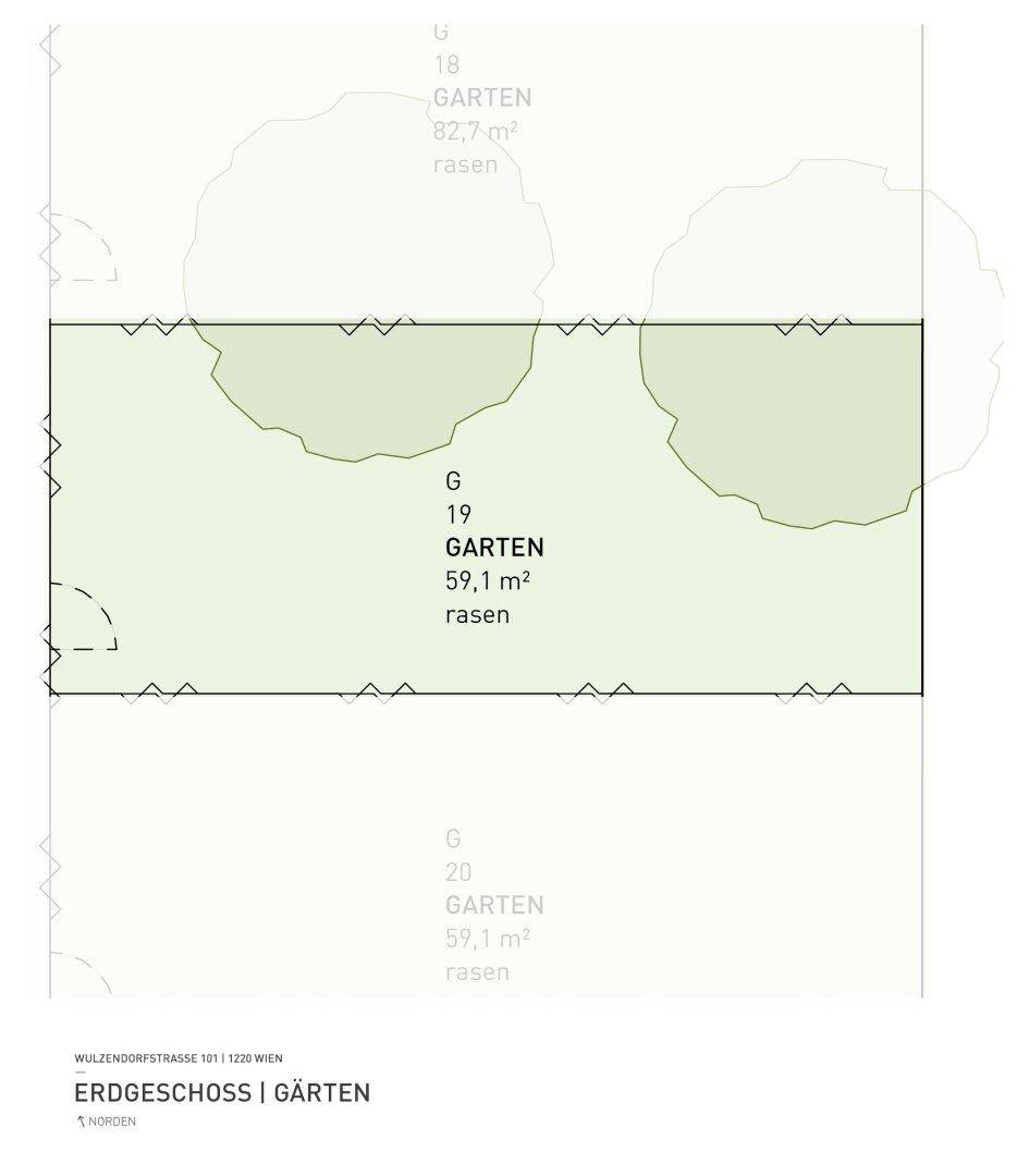 Grundrissplan zeigt drei separate Gartenparzellen im Erdgeschoss mit Rasenflächen.