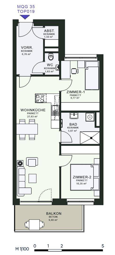 Grundriss einer Wohnung mit zwei Zimmern, offener Wohnküche, Bad, separatem WC und Balkon.