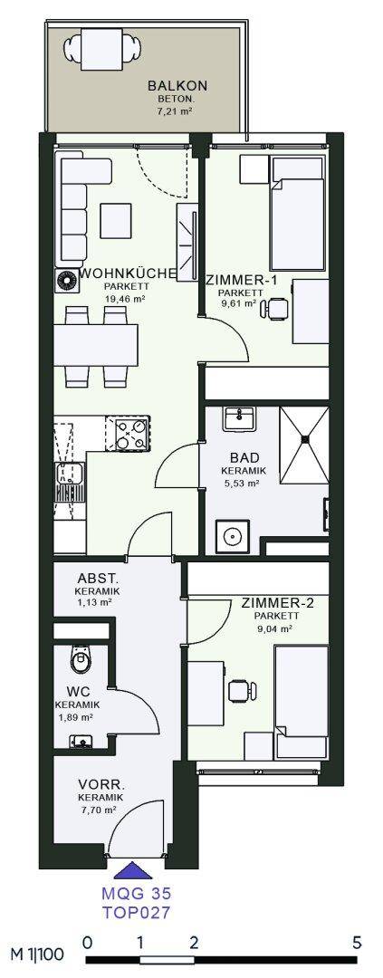 Grundriss einer Wohnung mit zwei Zimmern, offener Wohnküche, Bad, separatem WC und einem Balkon von 7,21 m².