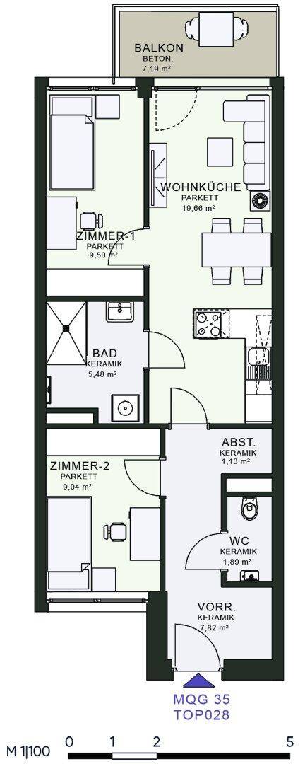 Grundriss einer Wohnung mit offener Wohnküche, zwei Schlafzimmern, einem Badezimmer, separatem WC und Balkon.