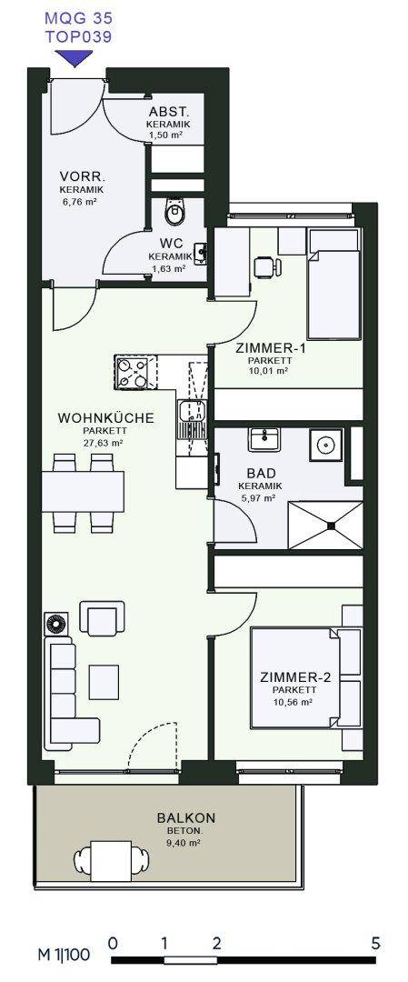 Grundriss einer Wohnung mit Wohnküche, zwei Zimmern, Bad, separatem WC und Balkon.