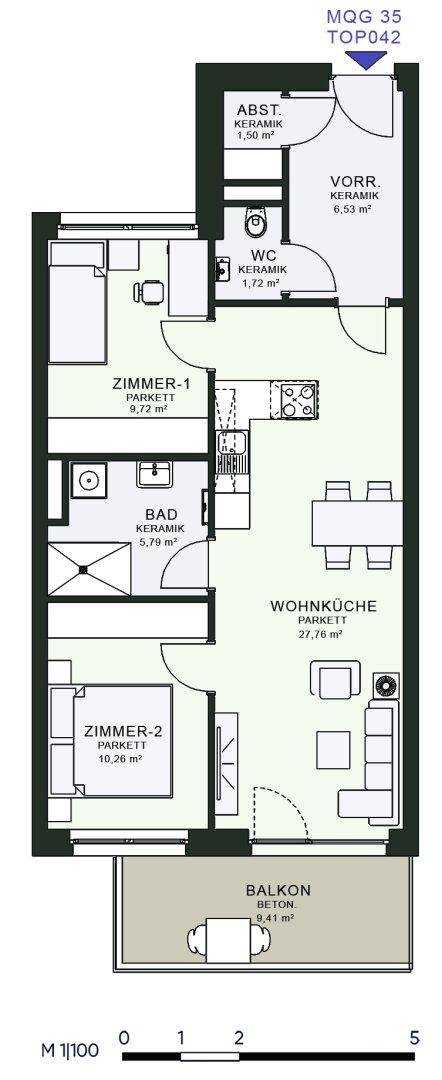 Grundriss einer Wohnung mit zwei Schlafzimmern, offener Wohnküche und Balkon.