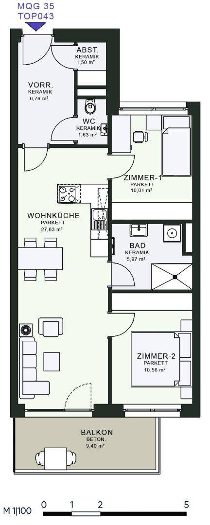 Grundriss einer Wohnung mit zwei Schlafzimmern, offener Wohnküche, Bad, separatem WC und Balkon.
