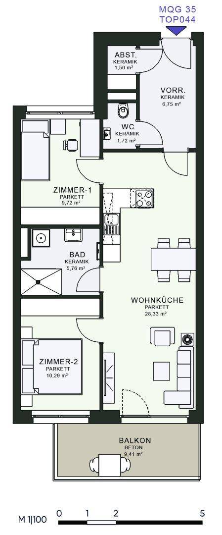 Grundriss einer Wohnung mit zwei Zimmern, offener Wohnküche und Balkon.