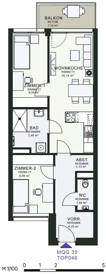 Grundriss einer Wohnung mit zwei Zimmern, Wohnküche und Balkon.