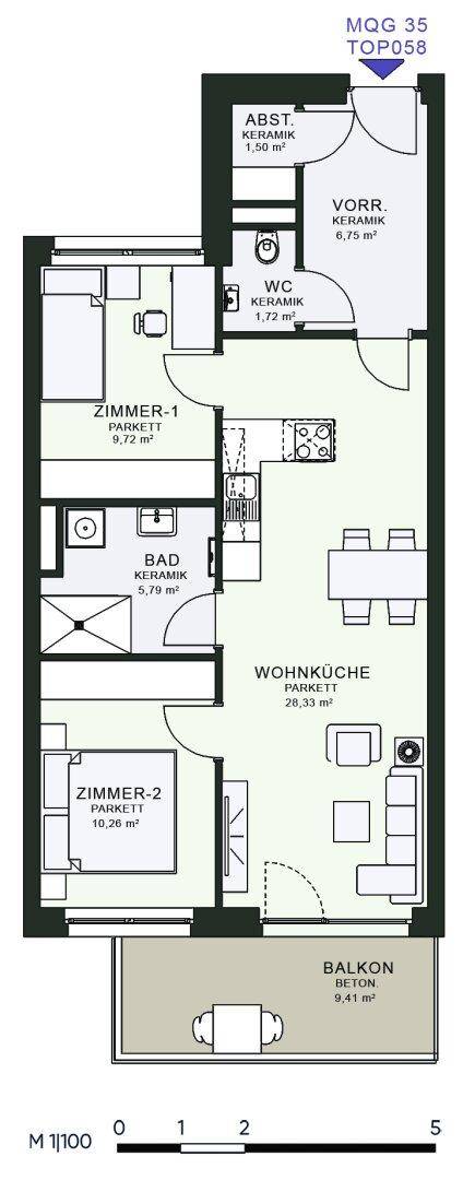 Grundriss einer Wohnung mit zwei Zimmern, Wohnküche, Bad, WC und Balkon.