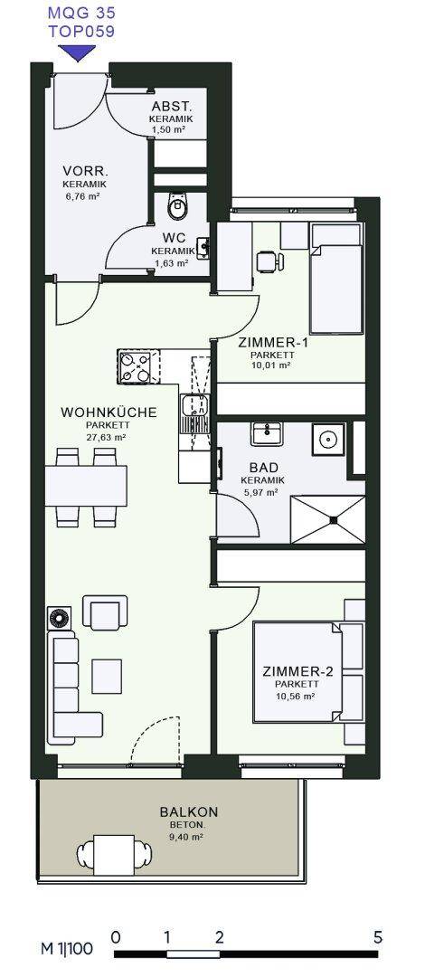 Grundriss einer Wohnung mit zwei Schlafzimmern, offener Wohnküche und Balkon.