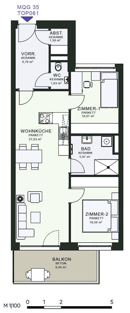 Grundriss einer Wohnung mit zwei Schlafzimmern, offener Wohnküche und Balkon.