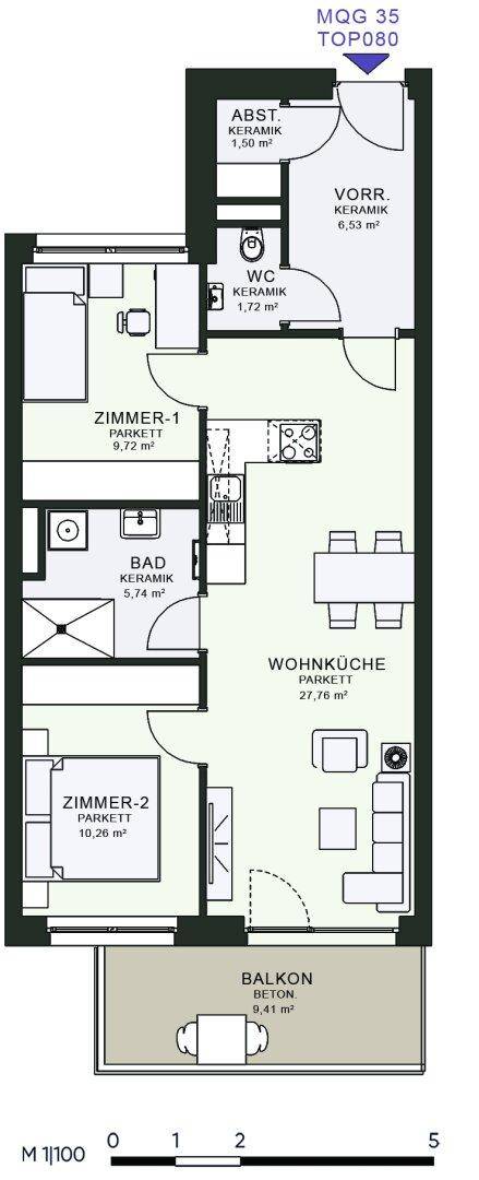 Grundriss einer Wohnung mit zwei Schlafzimmern, offener Wohnküche und Balkon.