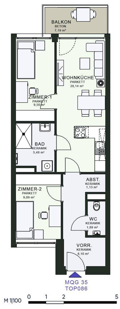Detaillierter Grundriss einer Wohnung mit zwei Zimmern, Bad, WC und Balkon.