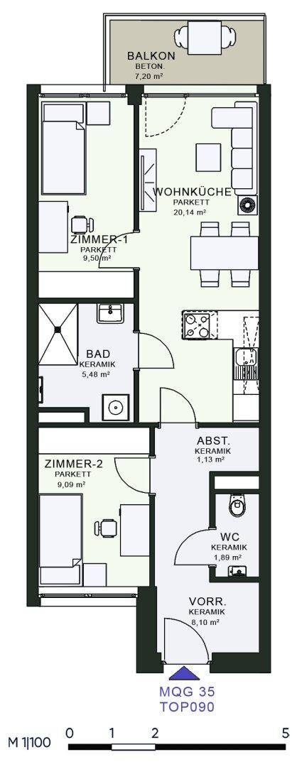 Grundriss einer Wohnung mit zwei Zimmern, offener Wohnküche und Balkon.