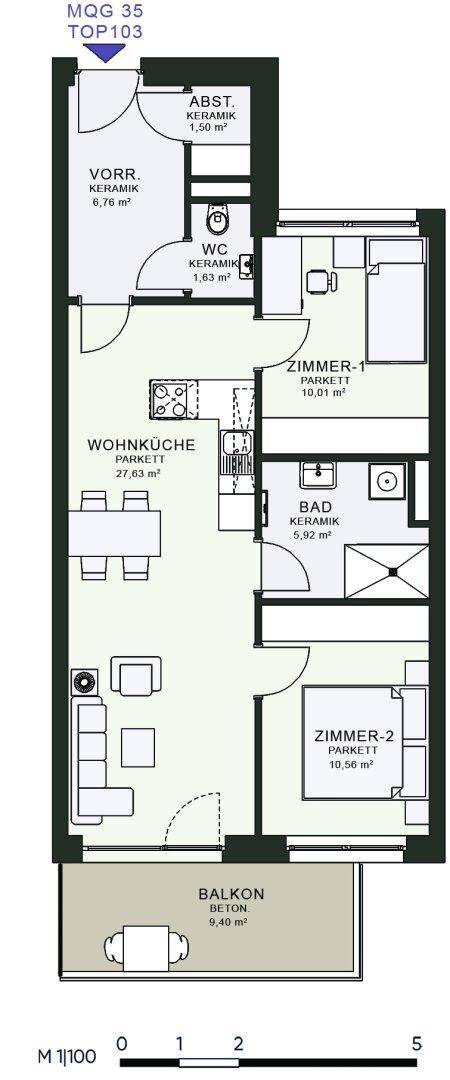 Grundriss einer Wohnung mit offener Wohnküche, zwei Schlafzimmern, einem Badezimmer, separatem WC und einem Balkon.