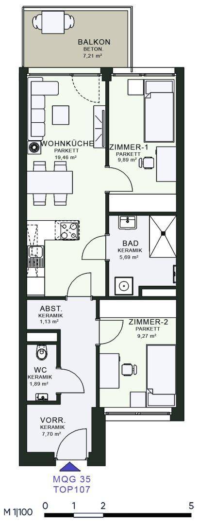 Grundriss einer Wohnung mit offener Wohnküche, zwei Schlafzimmern, einem Bad, separatem WC und einem Balkon.