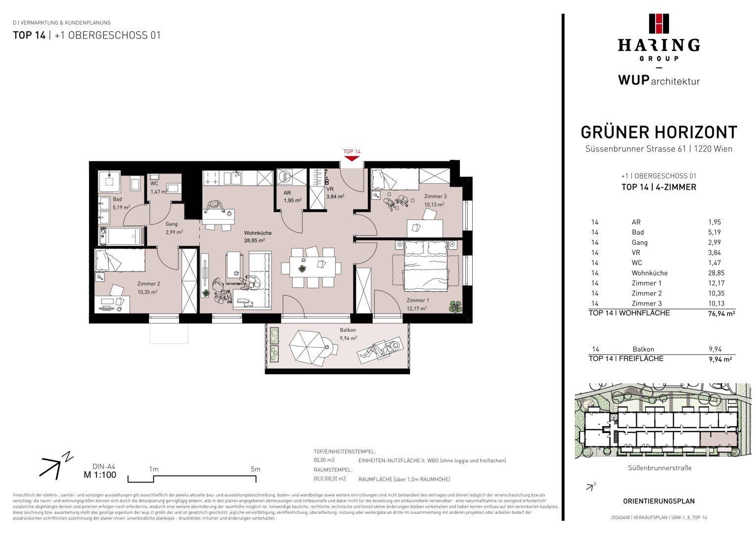 Grundriss der Wohnung TOP 14 mit drei Schlafzimmern, offenem Wohnbereich und großem Balkon.