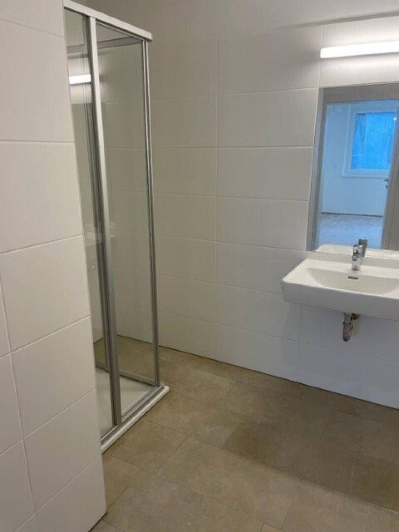 Modernes Badezimmer mit Duschkabine und Waschbecken, durch eine Tür mit einem weiteren Raum verbunden.