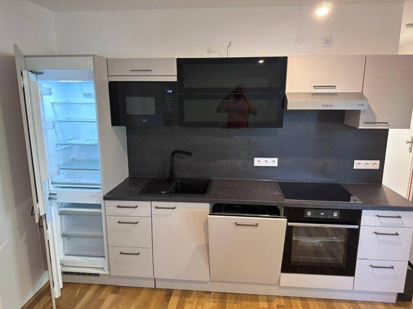 Voll ausgestattete moderne Küche mit integriertem Kühlschrank, Geschirrspüler und Induktionskochfeld.