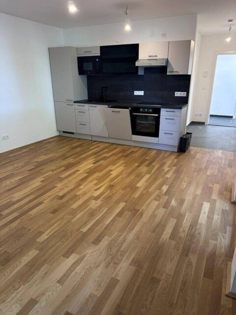 Moderne Einbauküche mit hellgrauen Schränken, dunkler Arbeitsplatte und integrierten Geräten.