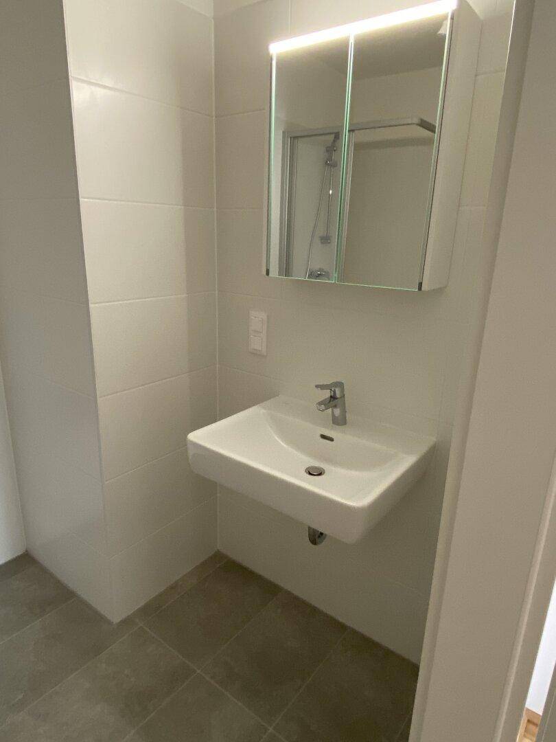 Modernes Badezimmer mit Waschbecken, Spiegelschrank und hellen Fliesen an Wänden und Boden.