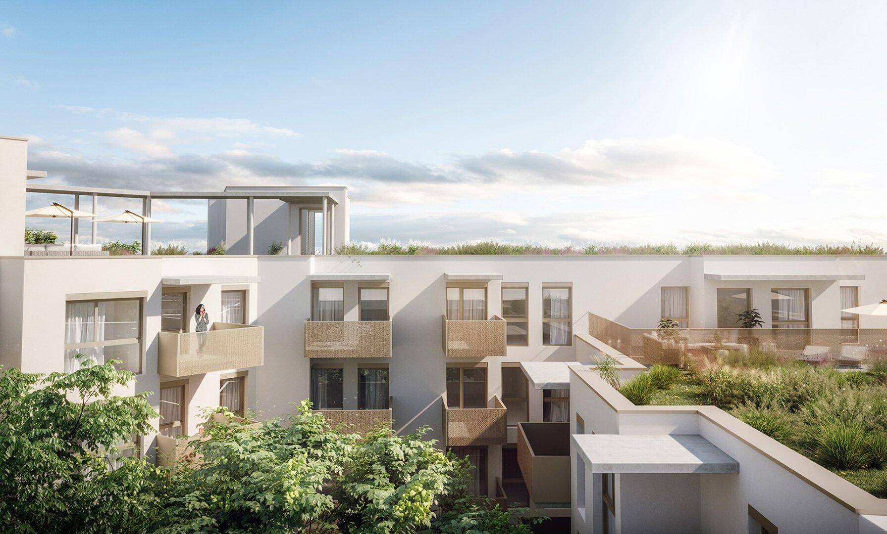 Moderne Wohnanlage mit Dachterrasse, begrünten Dächern und sonnigem Ausblick.