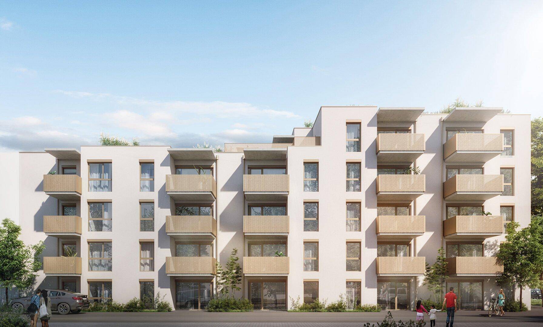 Moderne Wohnanlage mit mehreren Balkonen und klarer Architektur unter blauem Himmel.