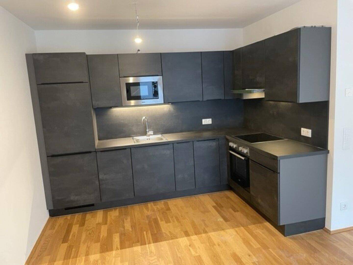Moderne Einbauküche mit dunklen Schränken, integrierten Geräten und Parkettboden.