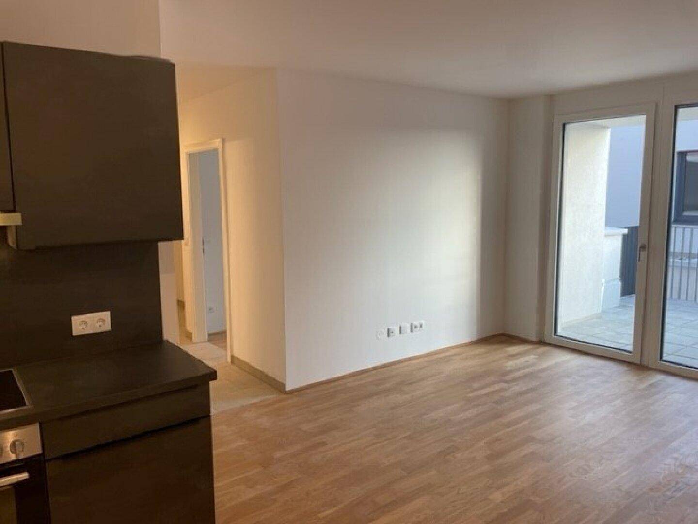 Offener Wohnbereich mit Parkettboden, Küchenzeile im Hintergrund und Terrassenzugang.