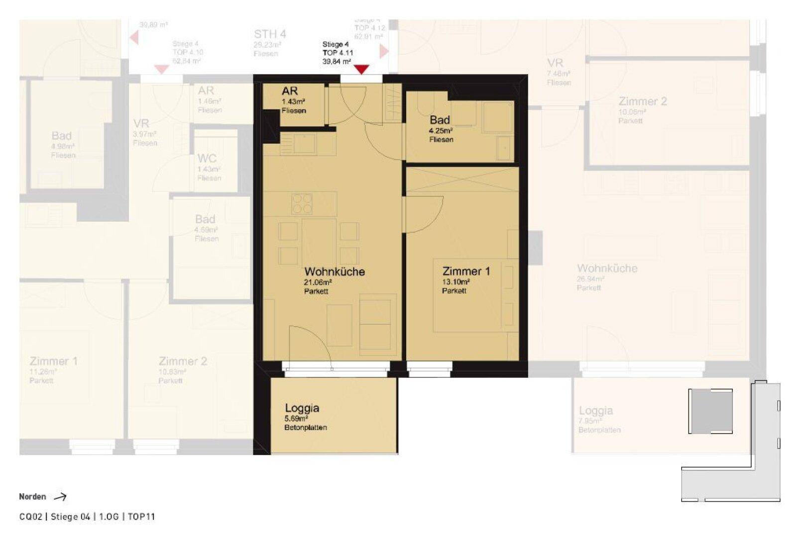 Grundriss einer Wohnung mit Wohnküche, Schlafzimmer, Bad und Loggia, Gesamtfläche 30,94 m².