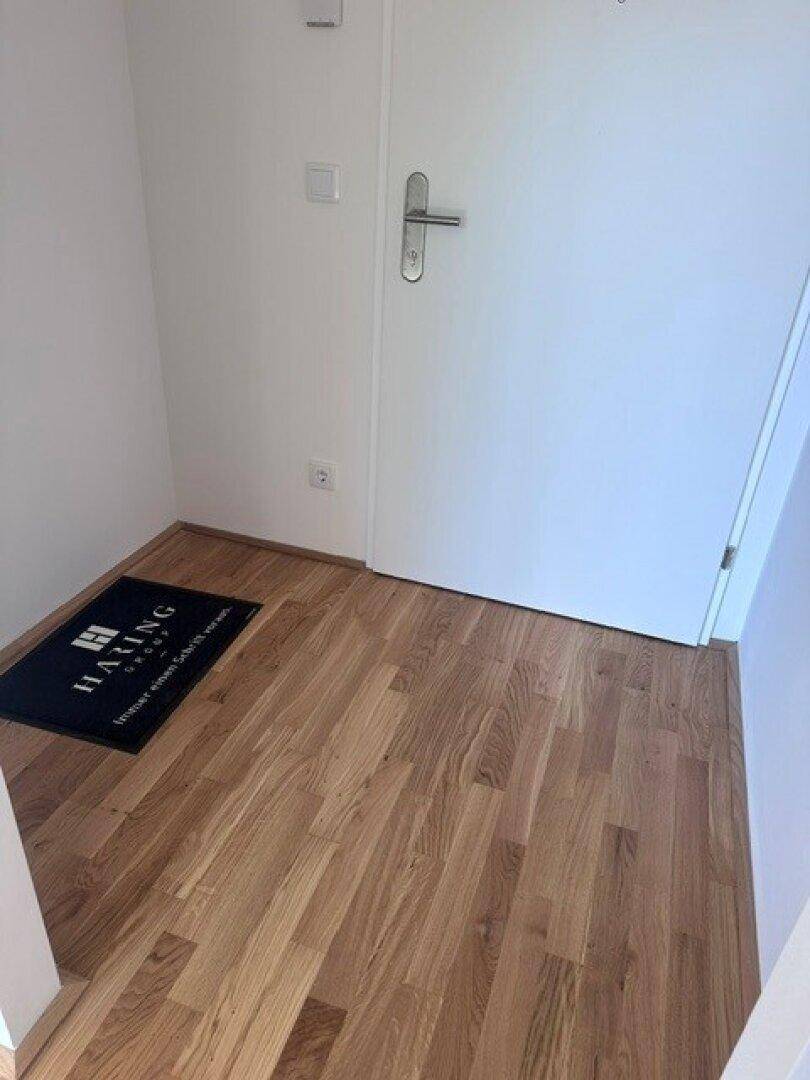 Eingangsbereich mit Holzboden und einer modernen weißen Tür, die zu den Wohnräumen führt.