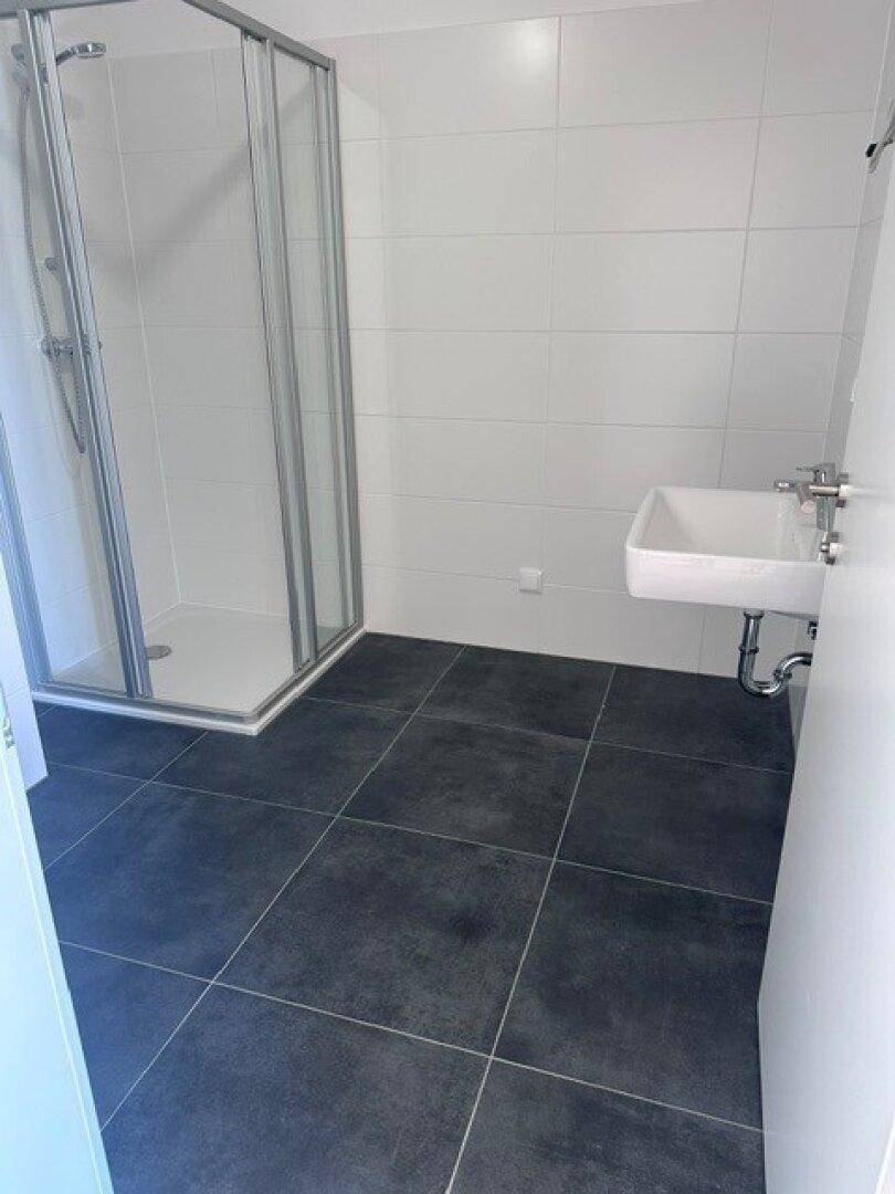 Geräumiges Badezimmer mit Duschkabine, Waschbecken und dunklen Bodenfliesen in modernem Design.
